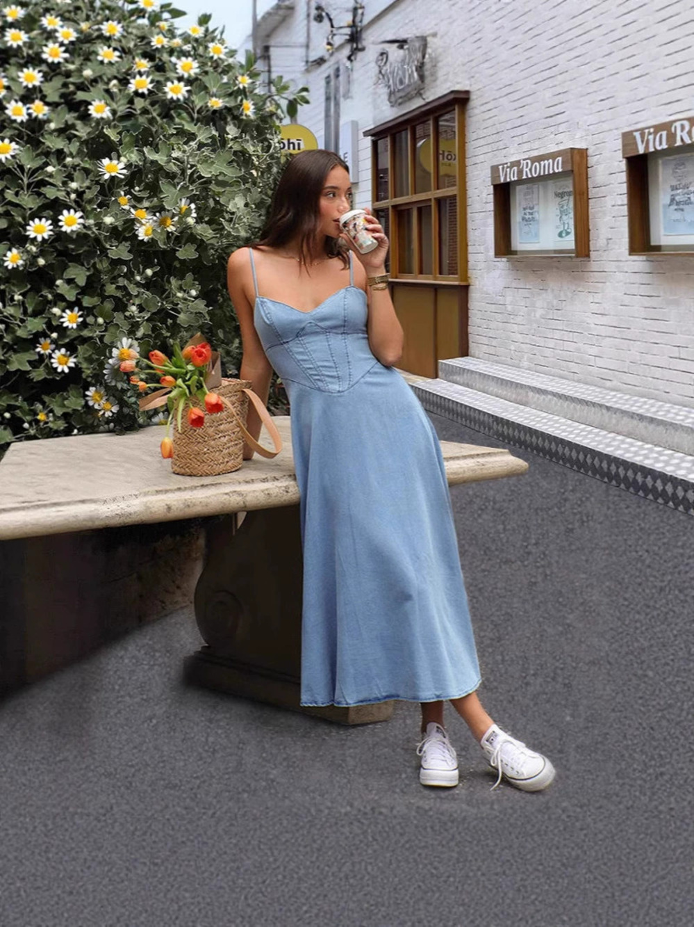 Zara Spring Summer Distressed Halter Elastic Waist Denim Maxi Dress